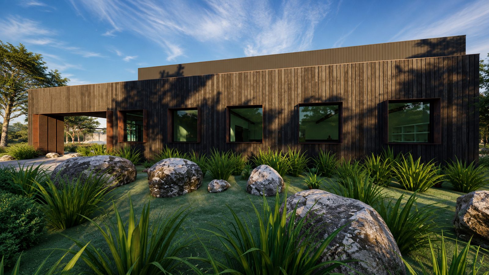 High-end charred-timber office and warehouse